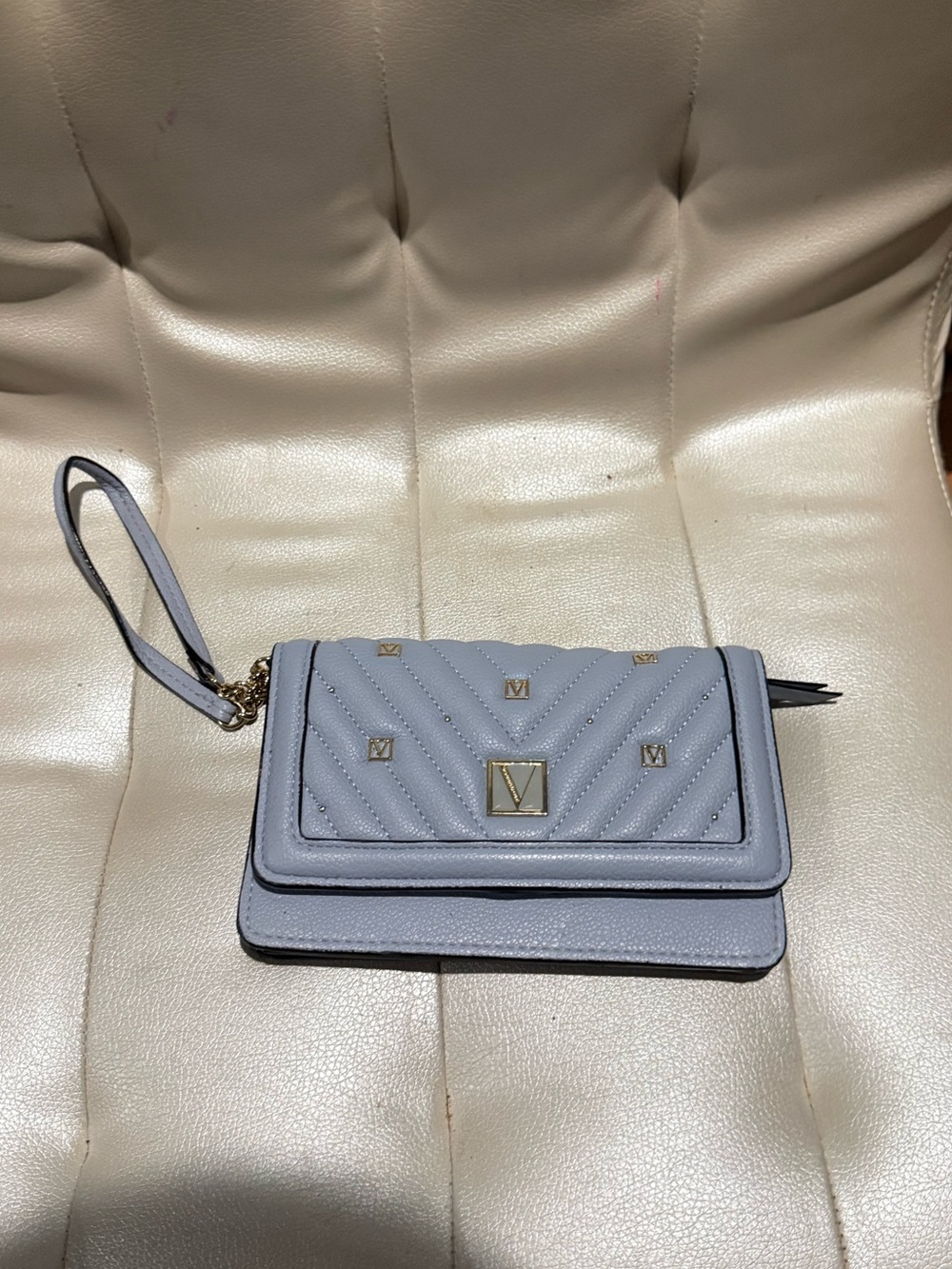 Victoria's Secret Pale Blue Quilted Wristlet Clutch with Gold Accents